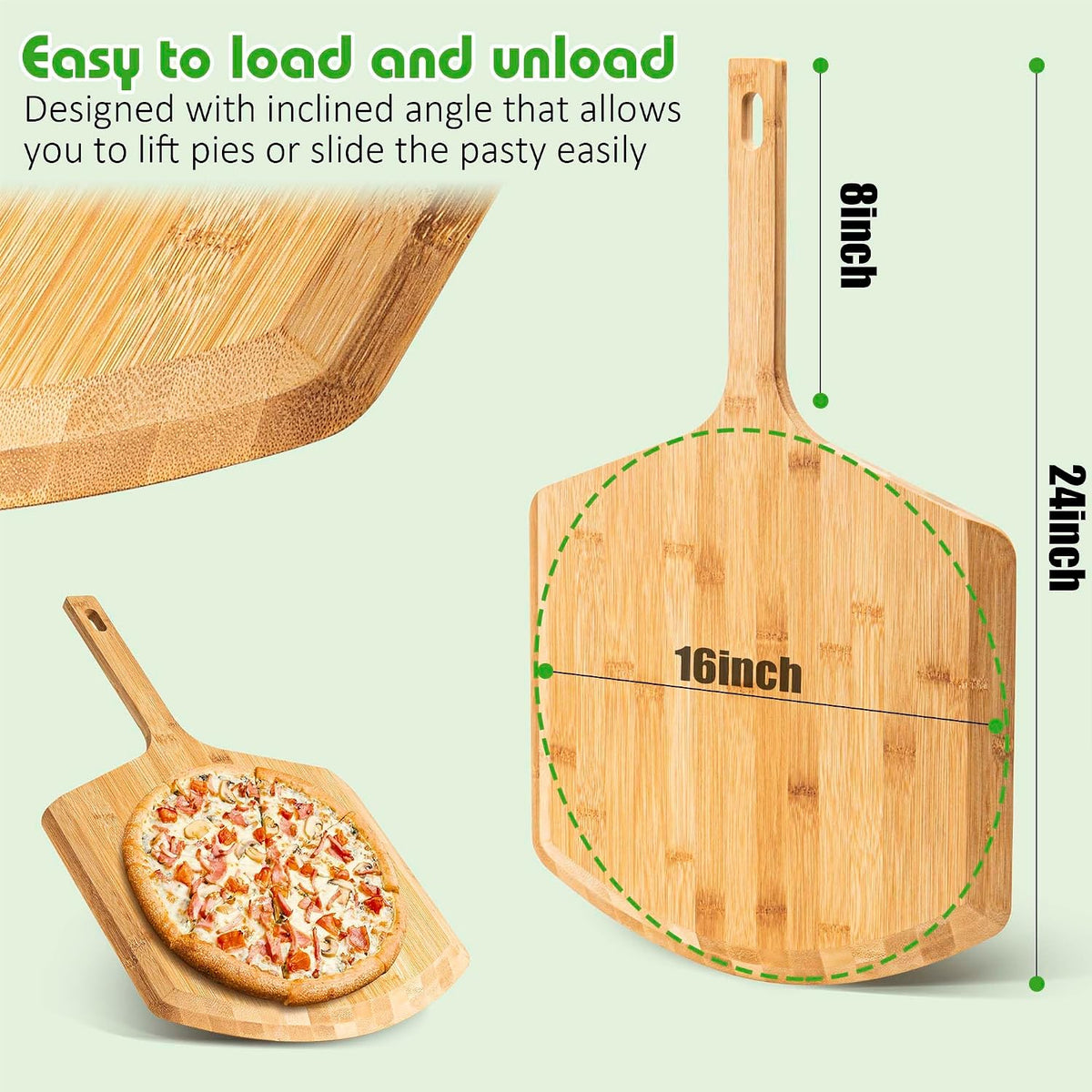 Pizza Peel 16 Inch, Natural Bamboo Pizza Board for Transferring & Serving 16” Multi-Purpose Bamboo Pizza Cutting Board, Wood Pizza Spatula Paddle for Baking Homemade Cheese Bread Fruits Vegetables
