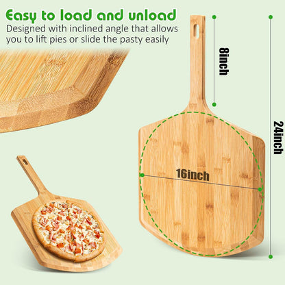 Pizza Peel 16 Inch, Natural Bamboo Pizza Board for Transferring & Serving 16” Multi-Purpose Bamboo Pizza Cutting Board, Wood Pizza Spatula Paddle for Baking Homemade Cheese Bread Fruits Vegetables