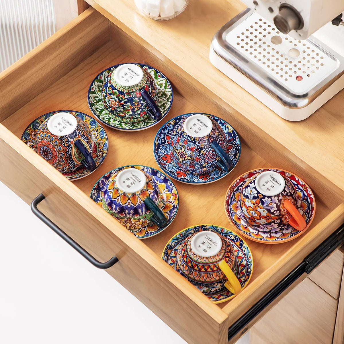 vancasso 8 Oz Cappuccino Cups, Porcelain Tea Cups and Saucers Set of 6 Bohemian Cappuccino Mugs,Perfect for Latte, Tea and Espresso, Microwave and Dishwasher Safe,Lead-Free and Non-Toxic