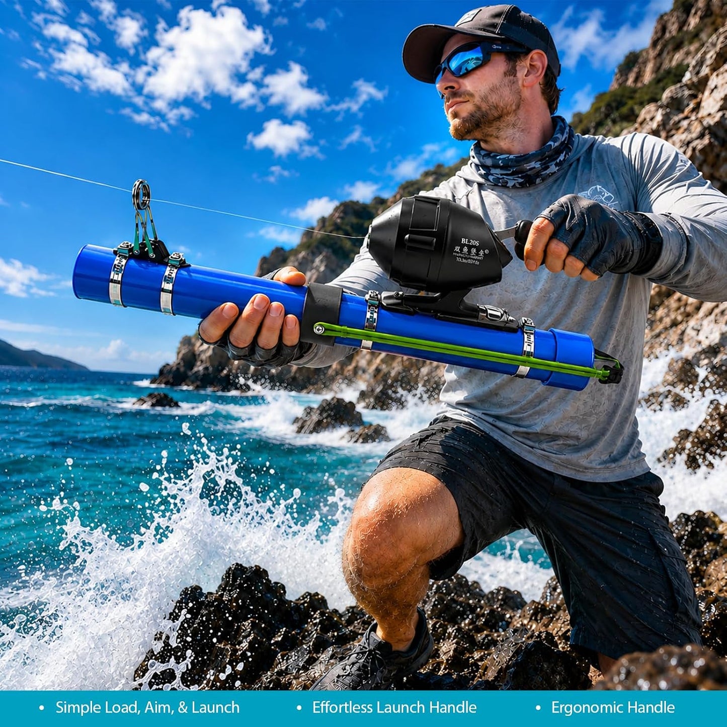 Tomotato Fishing Catapult Rod, 15" Portable Fishing Pole with Reel, 2 Latex Tubes, Metal Lure & Carry Bag, Complete Casting Kit for Saltwater & Freshwater Fishing