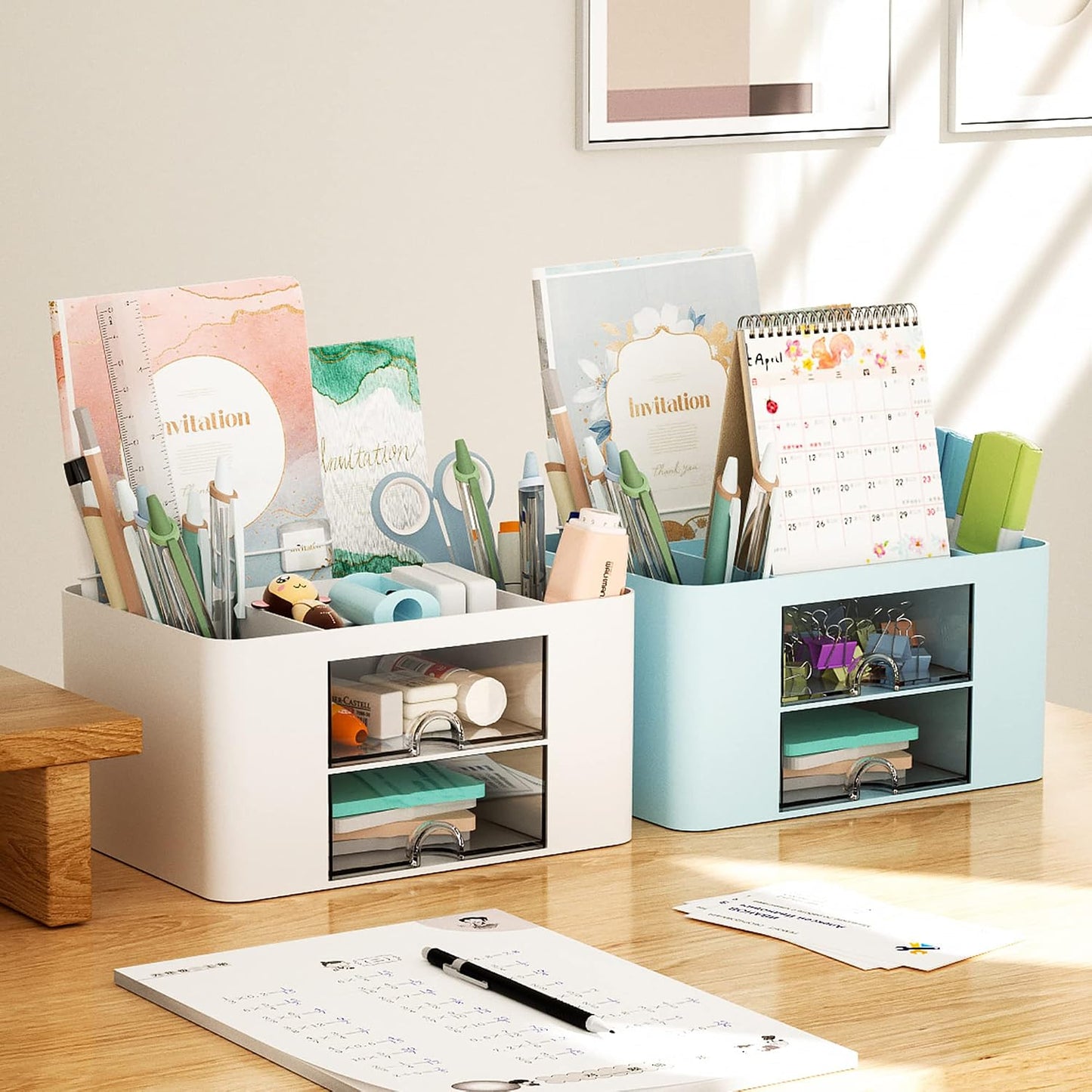 Marbrasse Pen Organizer with 2 Drawers, Multi-Functional Desk Pencil Holder with 5 Compartments and Drawers for Office, School and Art Supplies