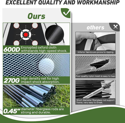 KLAODOT Golf Net with Practice Mat, 10 x 7 FT Golf Hitting Net with Multi-Target Pockets, 3-in-1 Turf Mat, 5 Balls, Rubber Tee, Stakes & Carrying Bag