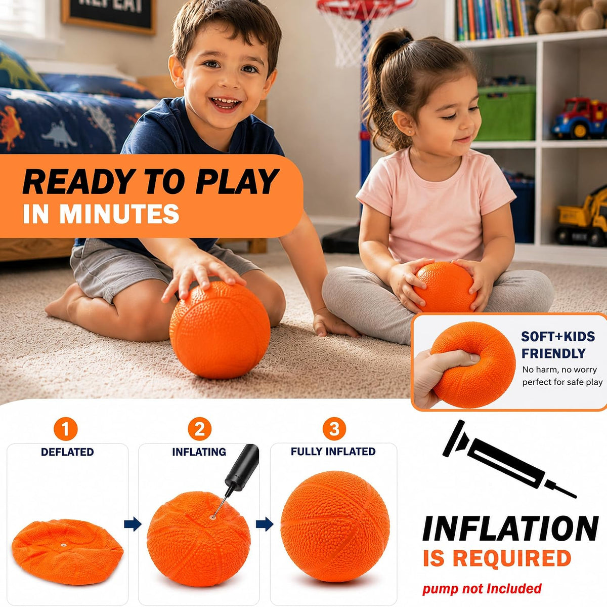 Botabee Kids Mini Basketballs, 2-Pack 6-Inch Soft Rubber Basketballs for Toddlers & Young Children, Lightweight Indoor & Outdoor Play Balls, Orange