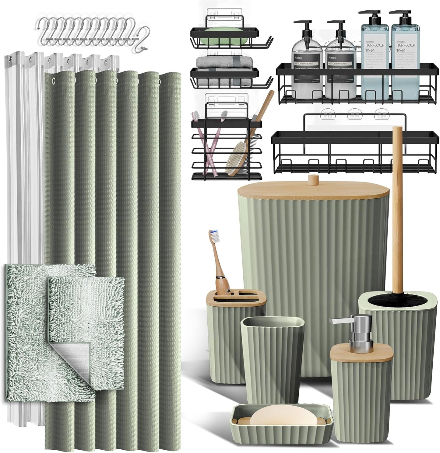 Clara Clark Black Bathroom Set, Shower Curtain Set, Bathroom Accessory Set
