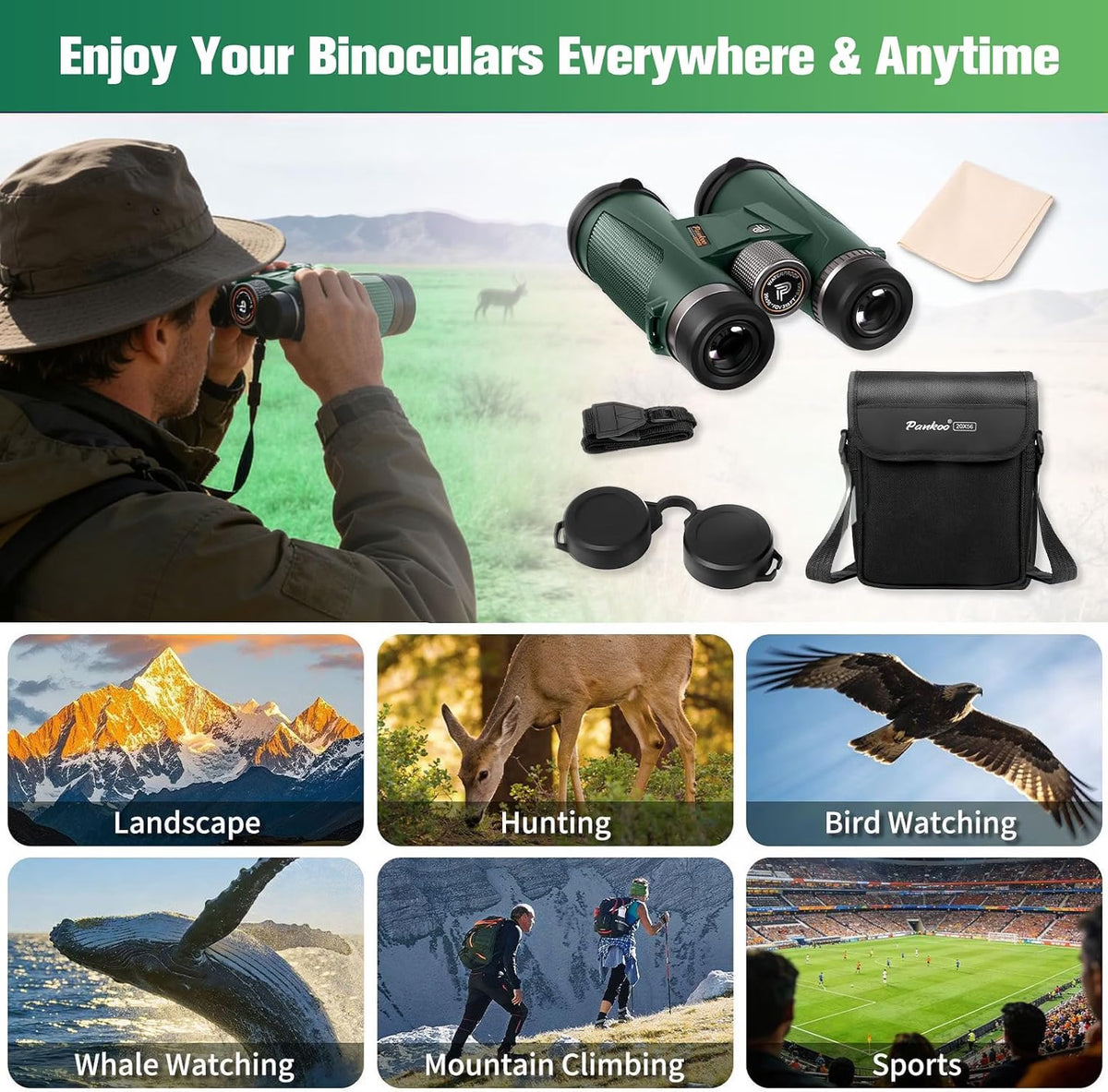 Pankoo 20x56 High-Powered Binoculars for Adults, Waterproof BAK4 Roof Prism Binoculars with FMC Lenses, Large 56mm Objective Lens for Bird Watching, Sports, Travel & Stargazing