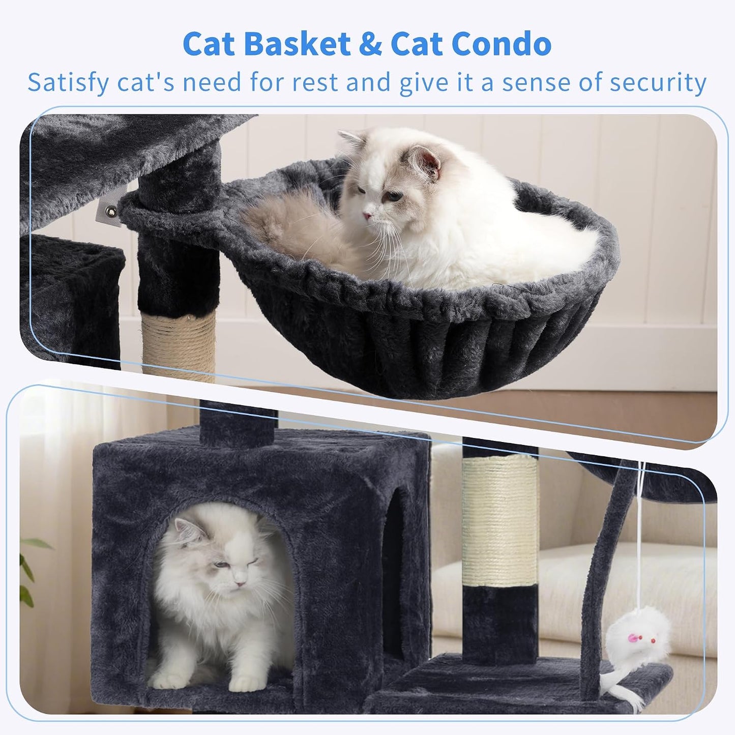 Heybly Cat Tree, 43.3-Inch Cat Tower for Indoor Cats, 4-Level Cat Condo with Basket, Top Perch, Scratching Posts & Toys, Smoky Gray