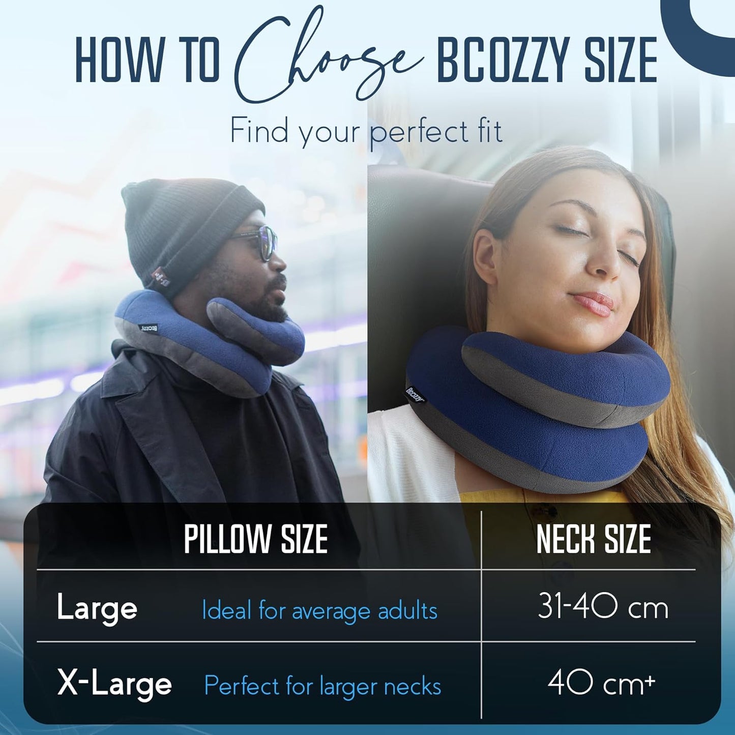 BCOZZY Travel Neck Pillow for Airplane – Patented Double Support for Head, Neck, and Chin. Best for Long Flights, Plane Sleeping, and Car Rides. Adjustable Size. Fully Washable. Carry Bag. Large, Navy