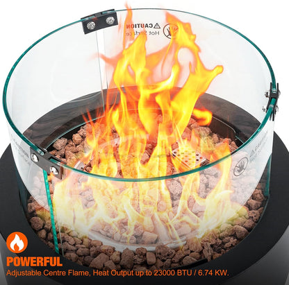 15.7" Gas Fire Pit Bottom-Mounted for Table with Umbrella Hole, FP039 Portable Smokeless Propane Fireplace with Lava Rocks & Glass Shield for Outdoor Patio Backyard Camping RV Tailgating, Round