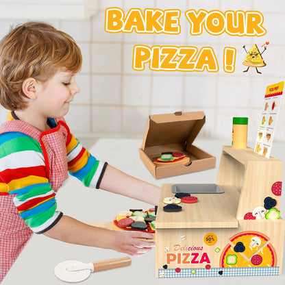 WOODMAM Wooden Pizza Toy, 48-Piece Montessori Pretend Play Food Set with Rotating Pizza Counter & Oven, Play Money & Menu for Kids Ages 3+, Multicolor