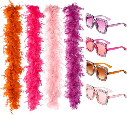 Canlierr 60g 6.6 FT Colorful Feather Boas Pack with Matching Square Sunglasses, 4-Piece Turkey Feather Party Scarves for Adults, Dancing, Costumes & Celebrations
