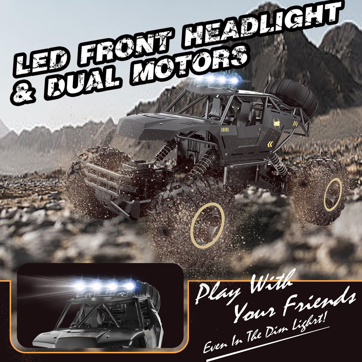 Jiakora RC Car 1:12 Off-Road Monster Truck, 4WD Remote Control Truck with Metal Body, LED Headlights, 20 km/h Speed, Rechargeable Batteries, All-Terrain Toy for Kids & Adults