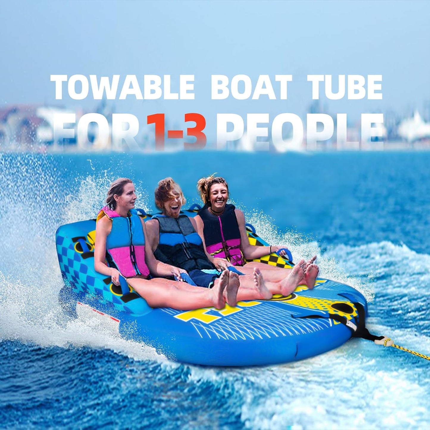 KMJETNIVY Towable Tube for Boating, 1–3 Person Inflatable Boat Tube with 510 lb Capacity, Heavy-Duty 840D Nylon Cover, EVA Foam Handles, Front & Rear Tow Points, Multicolor Blue