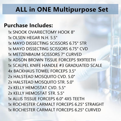 A2Z Stainless Steel 22 Pcs Veterinary Instruments Set Includes Kelly Forceps Mosquito Hemostats Carmalt Rochester Backhaus Towel Clamps Mayo Metzenbaum Scissors Multipurpose Spay Pack Kit-All in ONE
