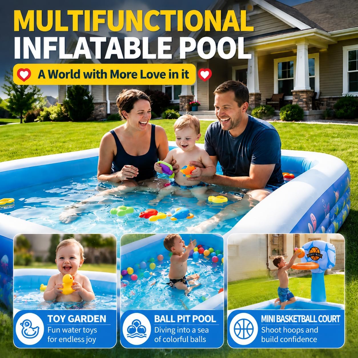 Inflatable Swimming Pool, 120" x 72" x 24", 380-Gallon Rectangular Family Pool with Thickened PVC, Anti-Slip Inflatable Floor for Kids & Adults, Backyard Garden Lawn