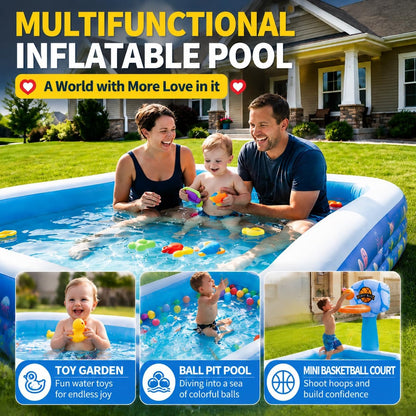 Inflatable Swimming Pool, 120" x 72" x 24", 380-Gallon Rectangular Family Pool with Thickened PVC, Anti-Slip Inflatable Floor for Kids & Adults, Backyard Garden Lawn