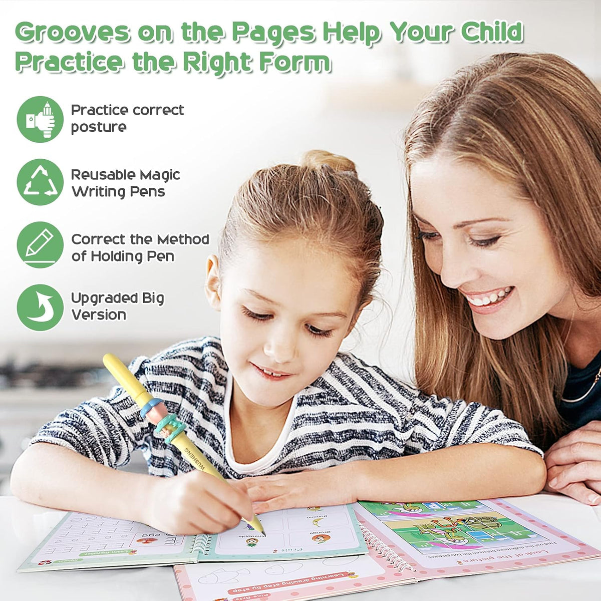 CosyCorner Magic Ink Copybooks for Kids, 4-Pack Reusable Handwriting Workbooks with 3D Grooves, Pen Holding Aid, Letters, Numbers & Math Practice