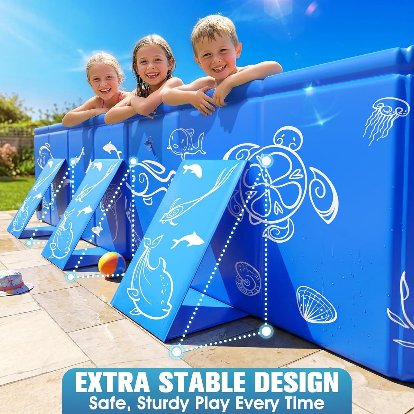 Foldable Kiddie Pool with Canopy 53" x 40" x 33", Portable Toddler Swimming Pool with Removable UPF 50+ Sunshade, Rectangular Kids Pool with Marine Design, Backyard Outdoor Water Play Pool, Blue