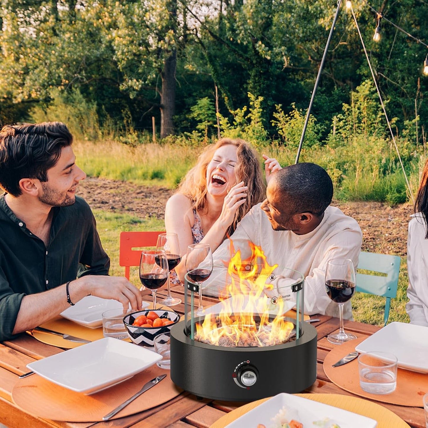 15.7" Gas Fire Pit Bottom-Mounted for Table with Umbrella Hole, FP039 Portable Smokeless Propane Fireplace with Lava Rocks & Glass Shield for Outdoor Patio Backyard Camping RV Tailgating, Round