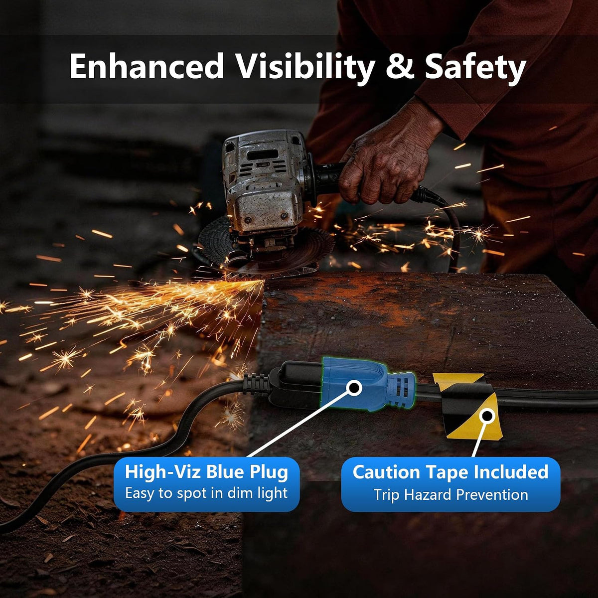 Flat 12 Gauge AWG Appliance Power Extension Cord 50 FT Blue, Heavy Duty 3 Prong Right-Angle Flat Plug Low Profile Cable, SPT-3 15A 125V for AC Fridge Dryer Tool Microwave Oven -ETL+Caution Tape