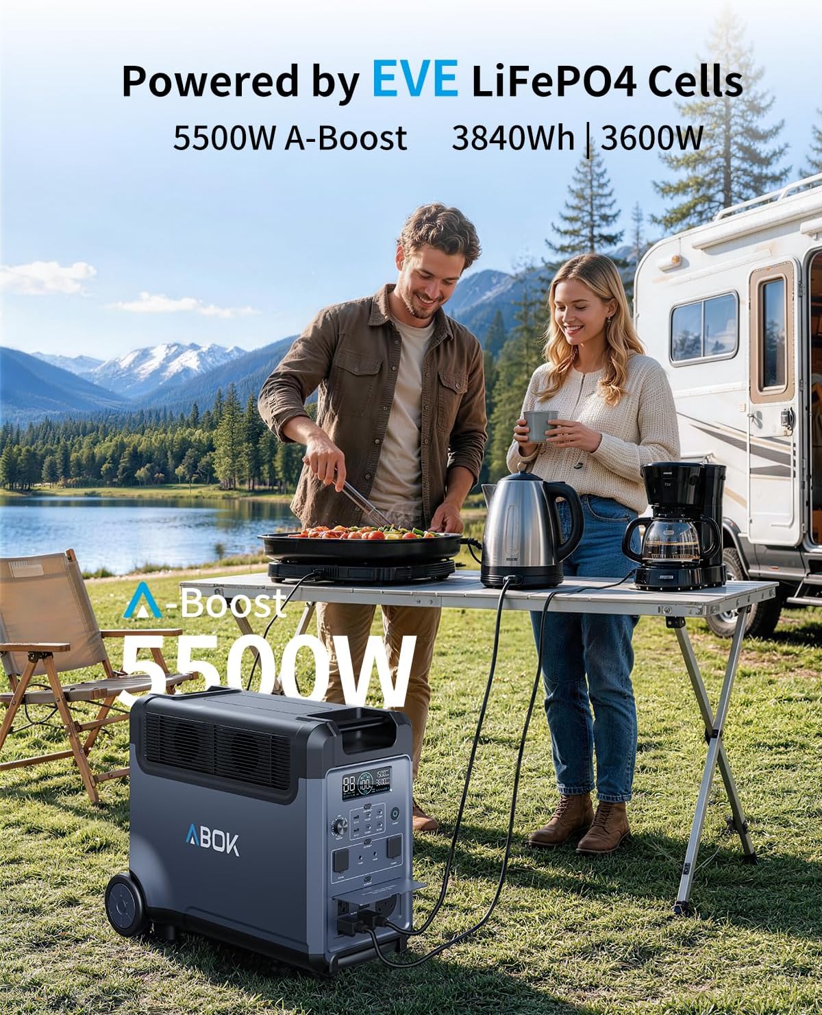 ABOK Ark3600 Portable Power Station with 3×200W Solar Panels 3840Wh LiFePO4 Battery, 3600W AC Output, Expandable to 11520Wh, 15 Outlets, Solar Generator for Home Backup, RV, Camping