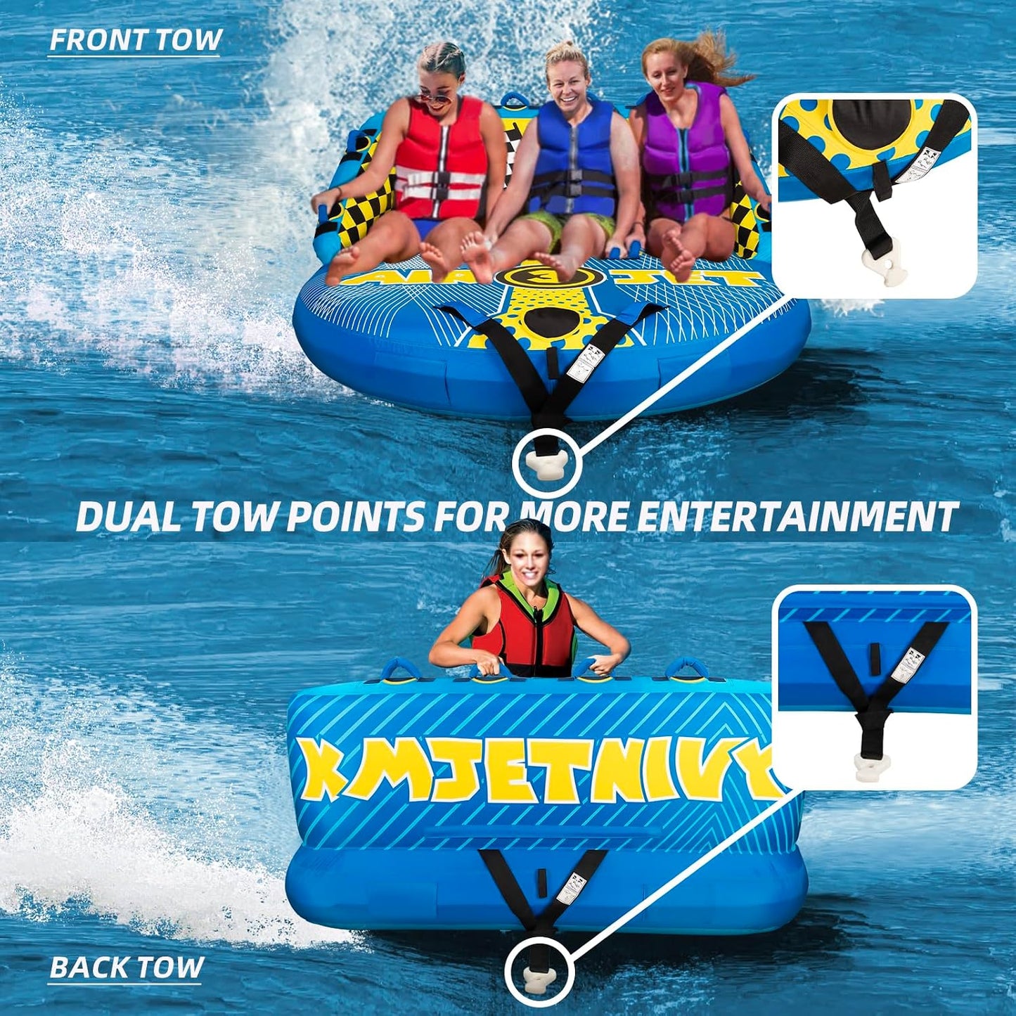 KMJETNIVY Towable Tube for Boating, 1–3 Person Inflatable Boat Tube with 510 lb Capacity, Heavy-Duty 840D Nylon Cover, EVA Foam Handles, Front & Rear Tow Points, Multicolor Blue