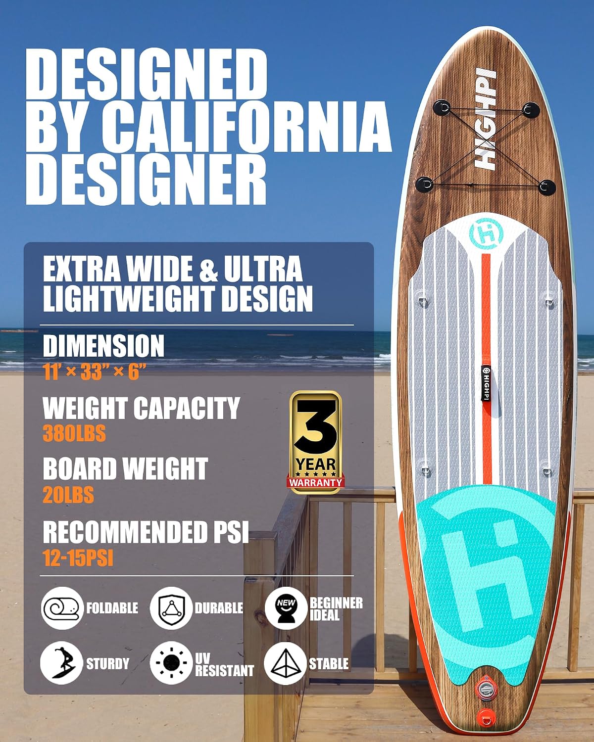 Highpi Inflatable Stand Up Paddle Board for Youth and Adults, 11-Foot Wide SUP with Premium Accessories, 350 lb Capacity, EVA Non-Slip Deck, Classic Wood