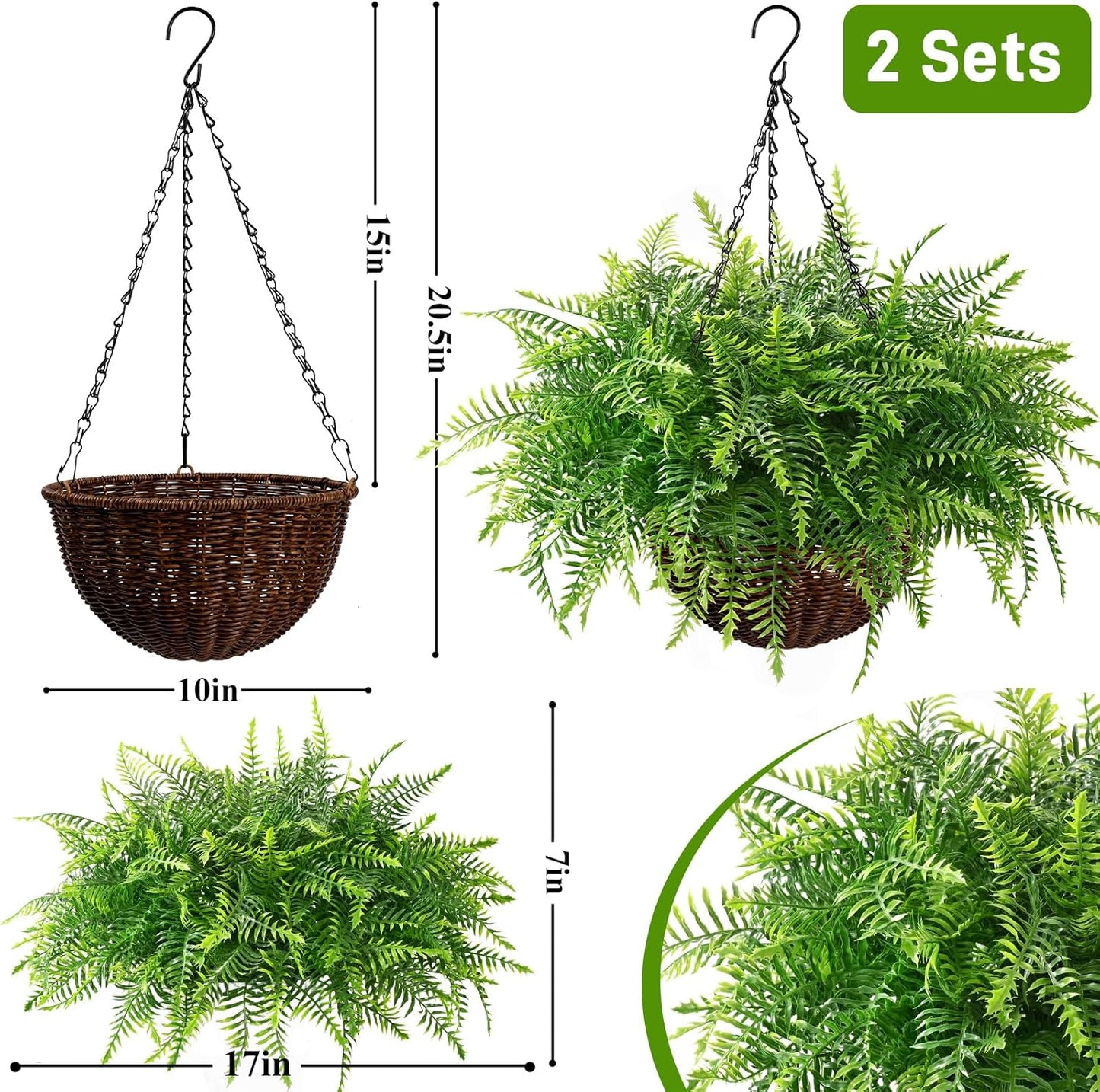 Waipfaru 2 Pack Fake Hanging Fern Plants Outdoor - Green UV Resistant Artificial Outdoor Hanging Plants, Realistic Faux Greenery Fern for Patio Front Porch Garden Home Decor