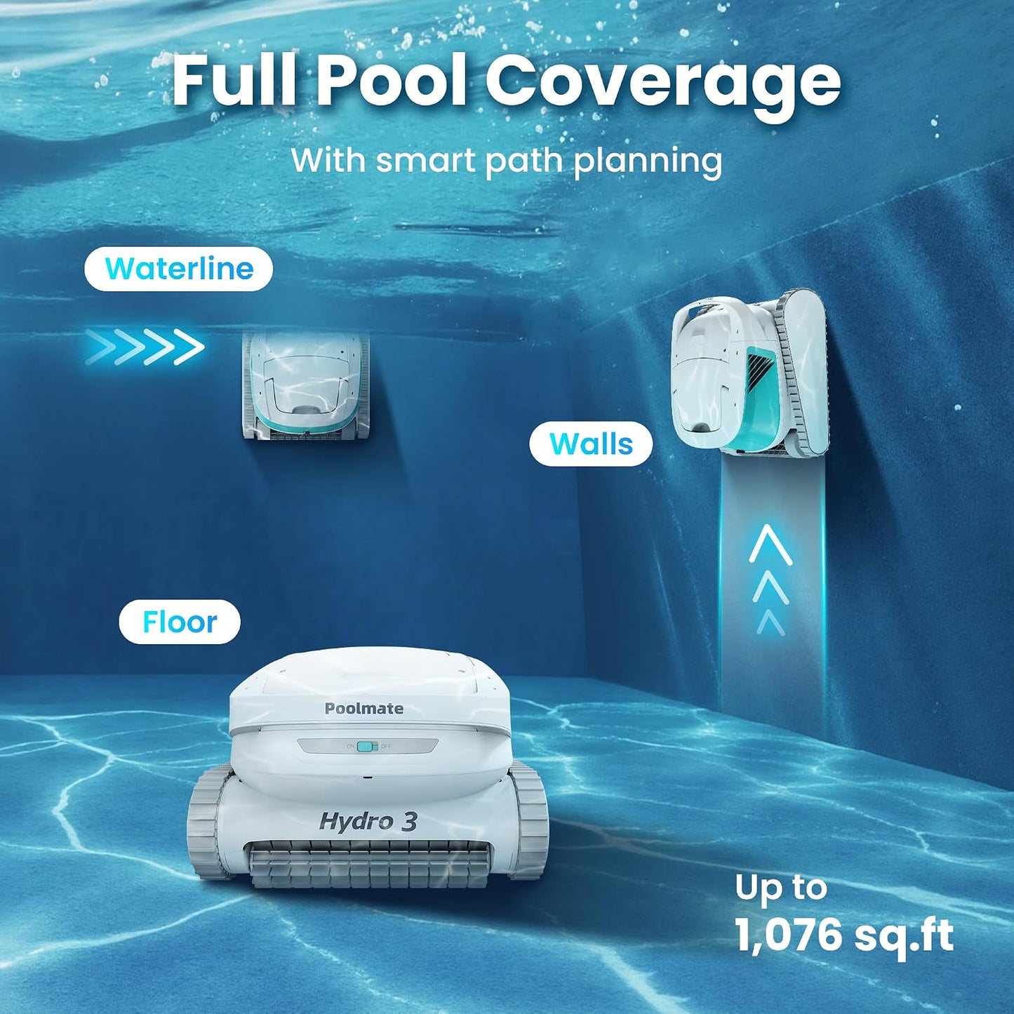 Hydro 3 Cordless Pool Vacuum, 5070 GPH Robotic Pool Cleaner with 200-Minute Runtime, Wall-to-Waterline Cleaning, 4.1L Filter Basket for Above Ground Pools, Green