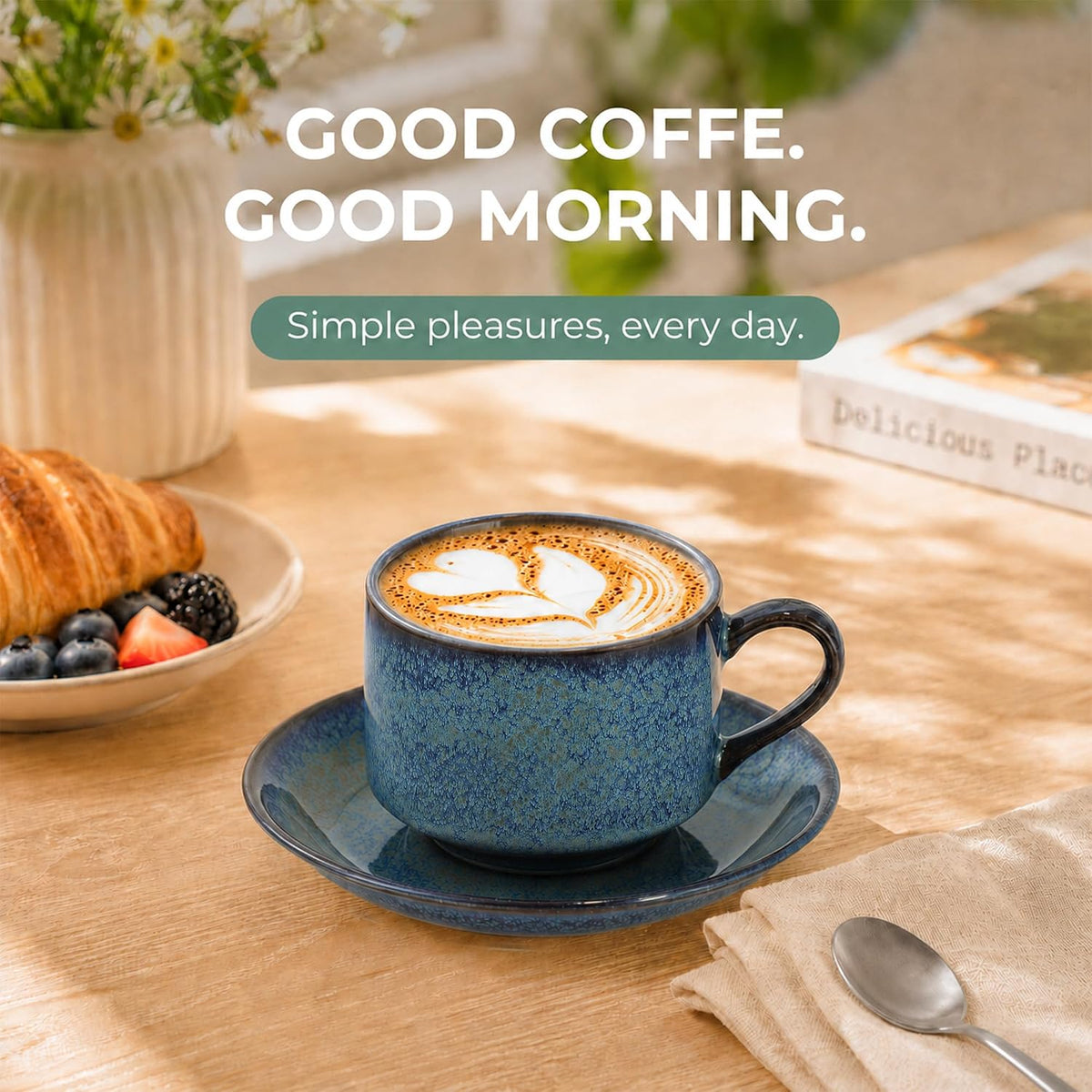8 Ounce Cappuccino Cups Set of 4, Reactive Blue Stackable Demitasse Mugs, Includes Display Stand, Cups Saucers, and Spoons, for Machines & Home Use