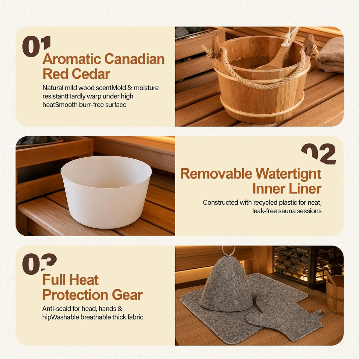11 Pcs Sauna Accessories Set, Canadian Red Cedar 4L Wooden Sauna Bucket Kit Includes Scoop, Granite Aroma Cup, Thermo‑Hygrometer, Wall Timer, Brush, Cap, Mat, Gloves, Dual Pumice Stones for Home Sauna