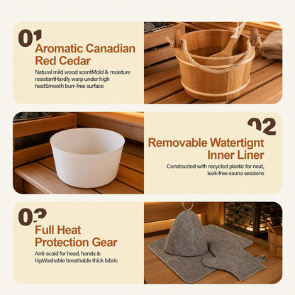 11 Pcs Sauna Accessories Set, Canadian Red Cedar 4L Wooden Sauna Bucket Kit Includes Scoop, Granite Aroma Cup, Thermo‑Hygrometer, Wall Timer, Brush, Cap, Mat, Gloves, Dual Pumice Stones for Home Sauna