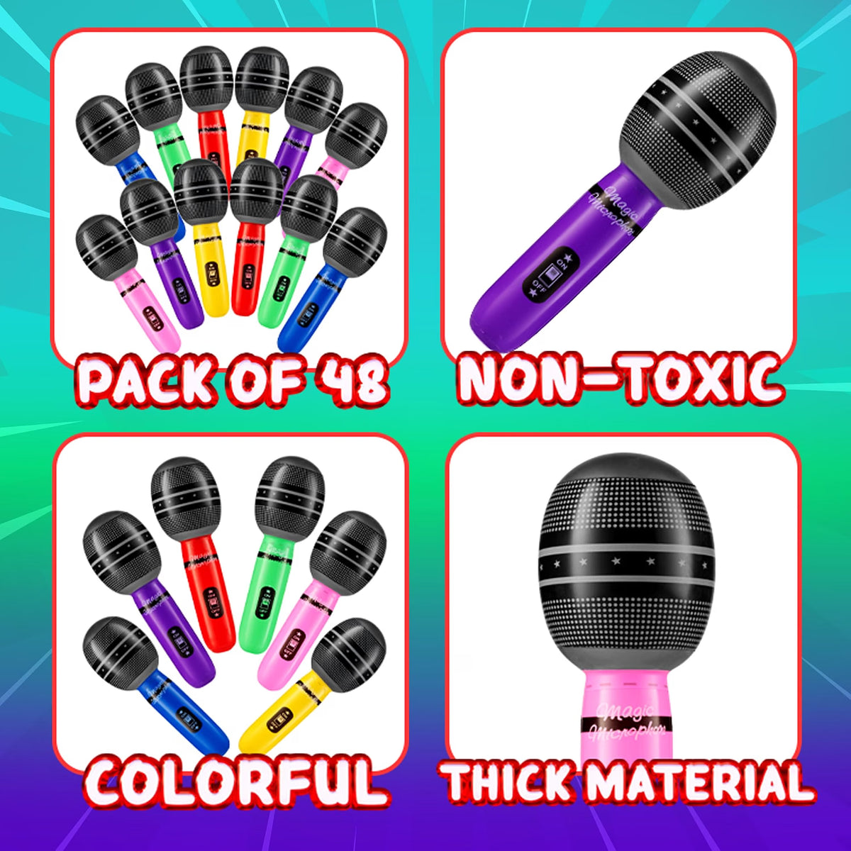 Bedwina Inflatable Microphones, 12-Pack 10-Inch Neon Karaoke Party Favors, Blow-Up Music Props for Kids & Adults, Photo Booth Decorations & Party Supplies