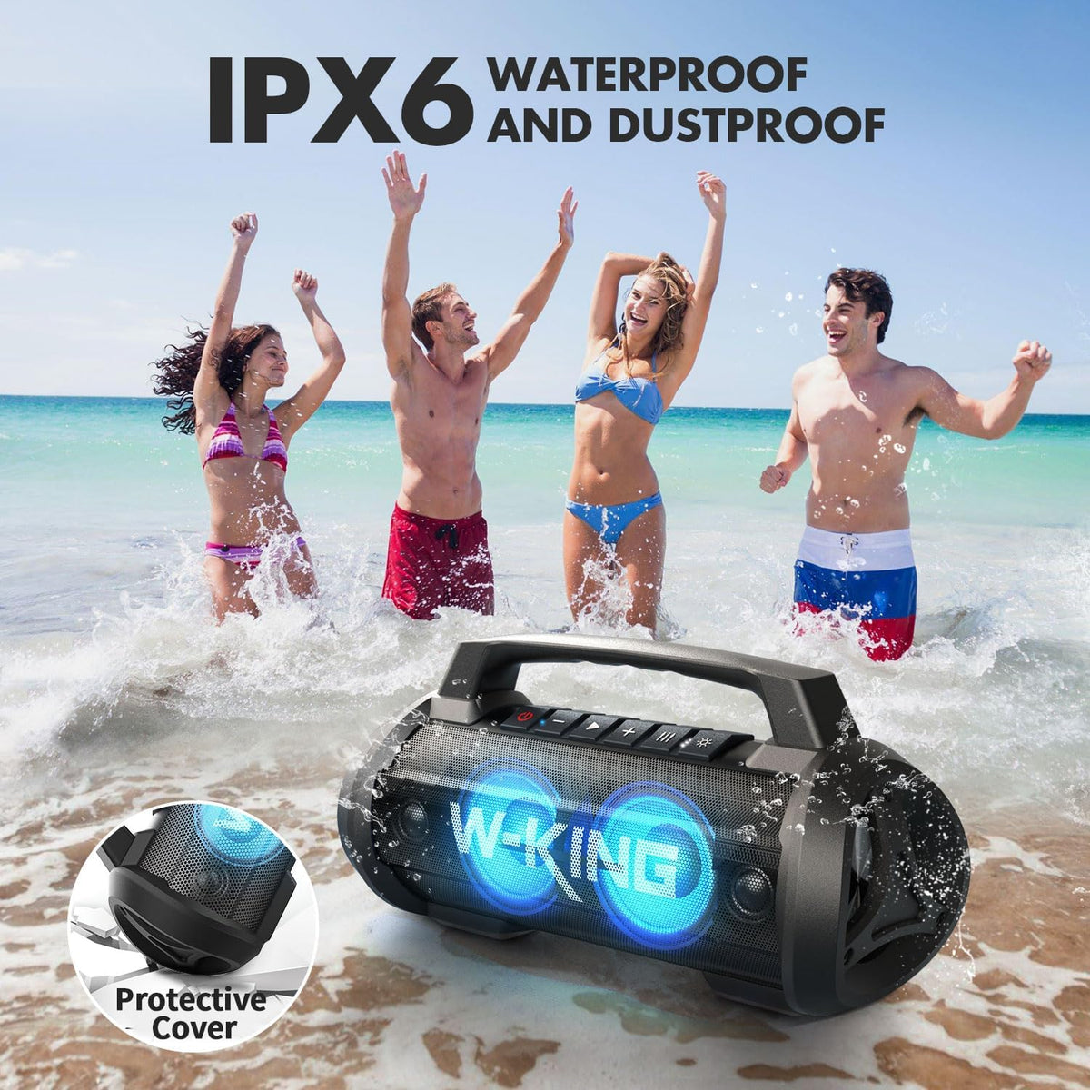 W-KING Portable Bluetooth Speaker with Wireless Microphone, Loud Karaoke 120W Peak 70W RMS Waterproof Outdoor Bluetooth Speakers, 110dB Bass Up, 42H/BT5.4/DSP/RGB, Stereo Pairing for Camping/Beach