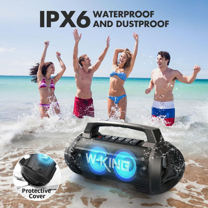 W-KING Portable Bluetooth Speaker with Wireless Microphone, Loud Karaoke 120W Peak 70W RMS Waterproof Outdoor Bluetooth Speakers, 110dB Bass Up, 42H/BT5.4/DSP/RGB, Stereo Pairing for Camping/Beach