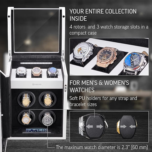 TIMECUBE Watch Winder for 4 Watches with 15 Winding Programs, 3 Watch Storage Slots, LED Interior Light & Touchscreen Display, White