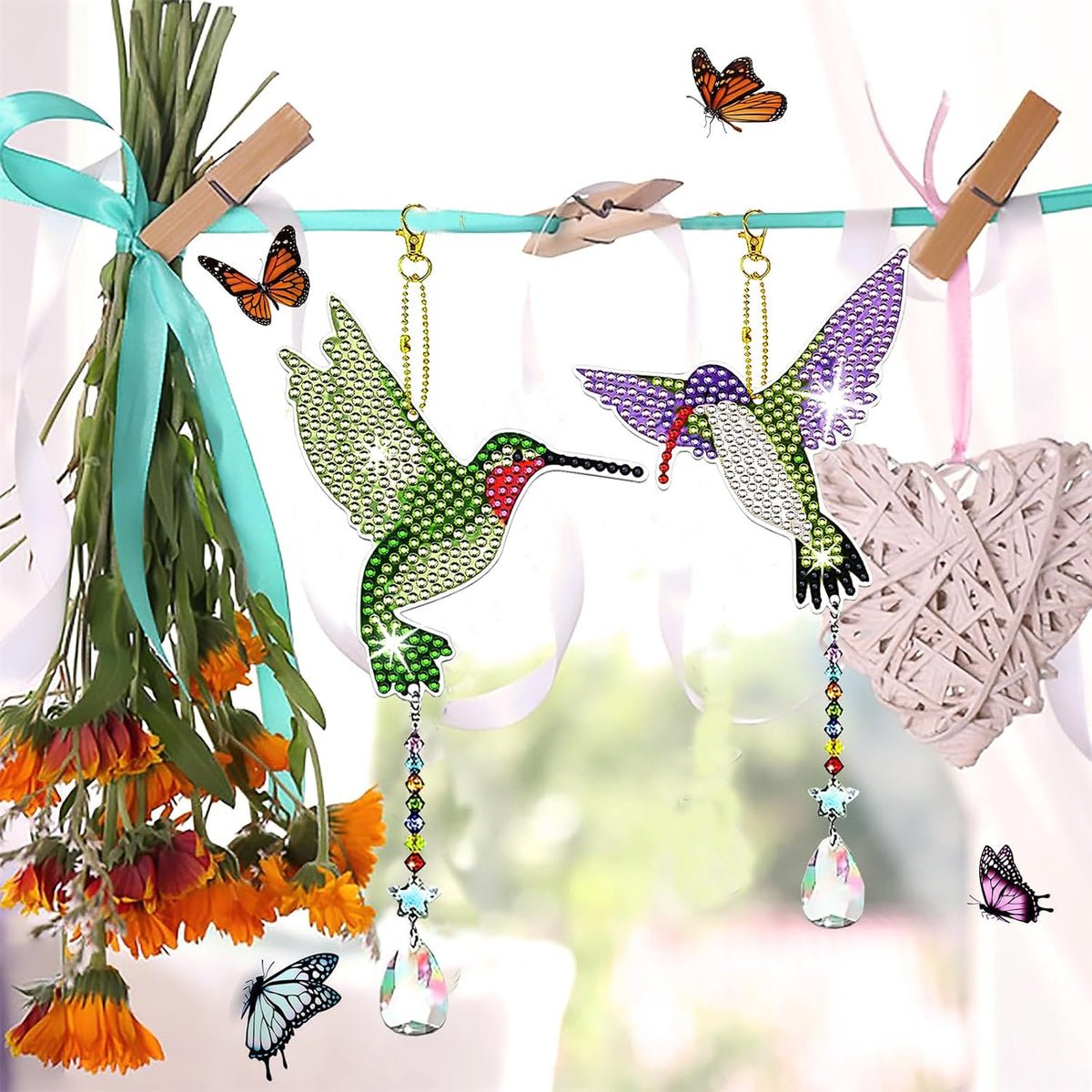 JeCuiK 6-Piece Hummingbird Diamond Painting Wind Chime Suncatcher, Double-Sided 5D DIY Diamond Art Hanging Ornaments with Rhinestones & Craft Accessories