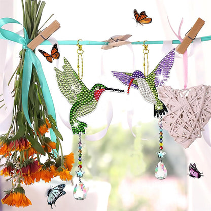 JeCuiK 6-Piece Hummingbird Diamond Painting Wind Chime Suncatcher, Double-Sided 5D DIY Diamond Art Hanging Ornaments with Rhinestones & Craft Accessories