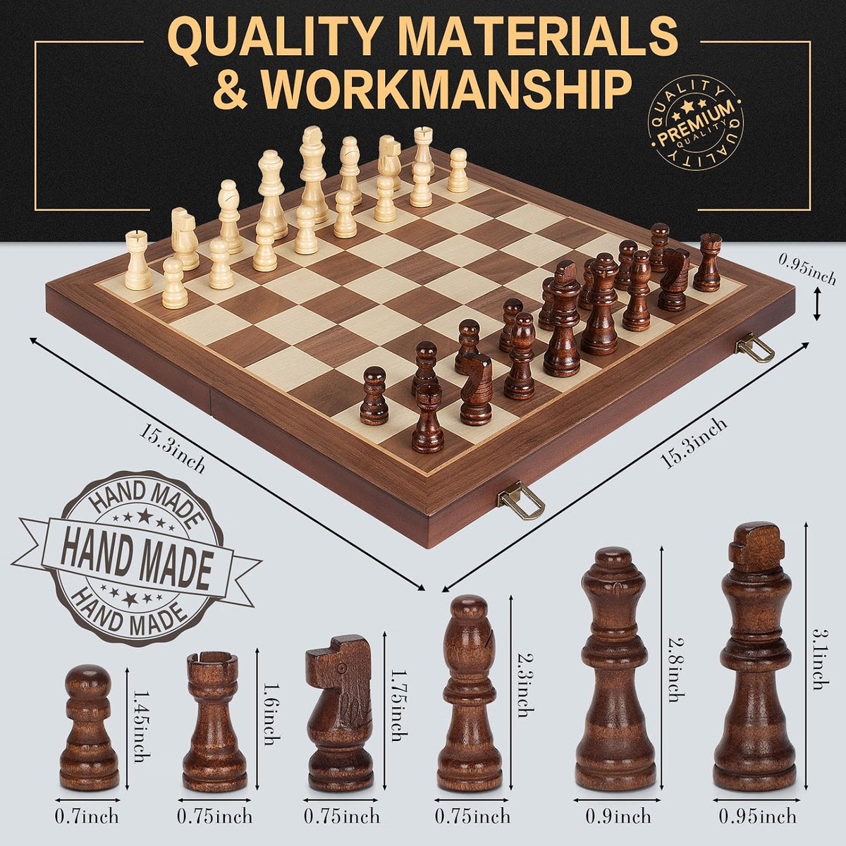 Jumlys Magnetic Wooden Chess Set, 15-Inch Folding Chess Board with 2 Extra Queens, Portable Travel Chess Set with Storage Slots, Solid Wood Chess Game for Adults & Kids