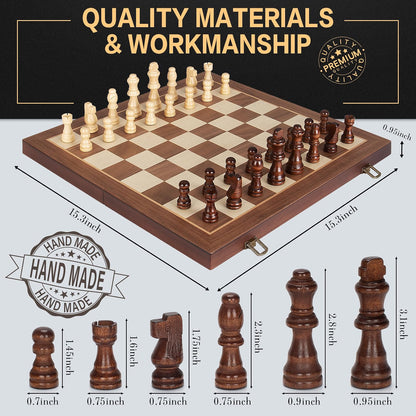 Jumlys Magnetic Wooden Chess Set, 15-Inch Folding Chess Board with 2 Extra Queens, Portable Travel Chess Set with Storage Slots, Solid Wood Chess Game for Adults & Kids