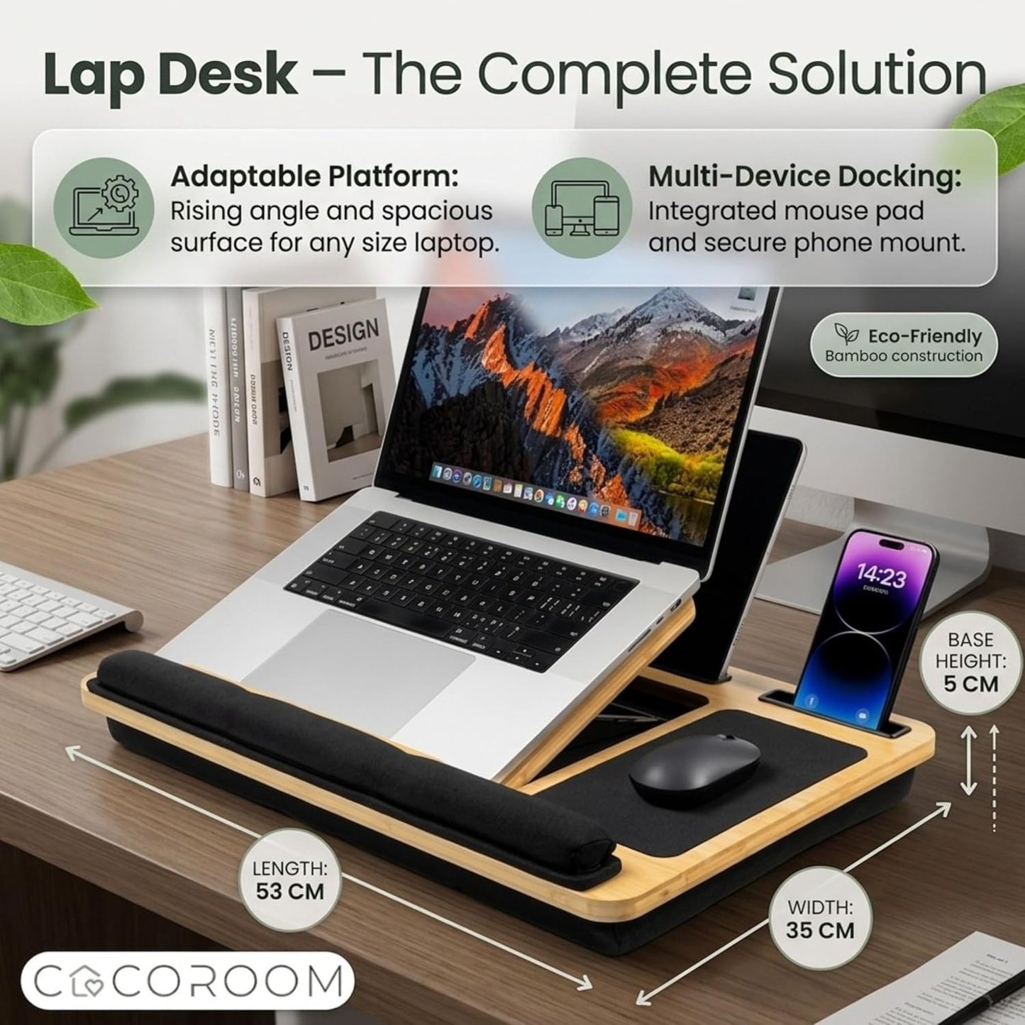 Lap Desk for Adults, Vented 6-Angle Laptop Bed Tray Table, Black Cushion pillow base | Phone & tablet holder | Foldable portable couch & sofa stand | Writing, reading, study, drawing, 17in
