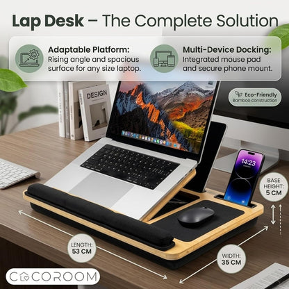 Lap Desk for Adults, Vented 6-Angle Laptop Bed Tray Table, Black Cushion pillow base | Phone & tablet holder | Foldable portable couch & sofa stand | Writing, reading, study, drawing, 17in