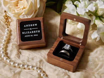 MUUJEE Custom Walnut Ring Bearer Box with Glass Lid, Double Flip 2-Compartment Ring Box with Velvet Interior, Personalized Wedding & Engagement Ring Holder, Custom 2