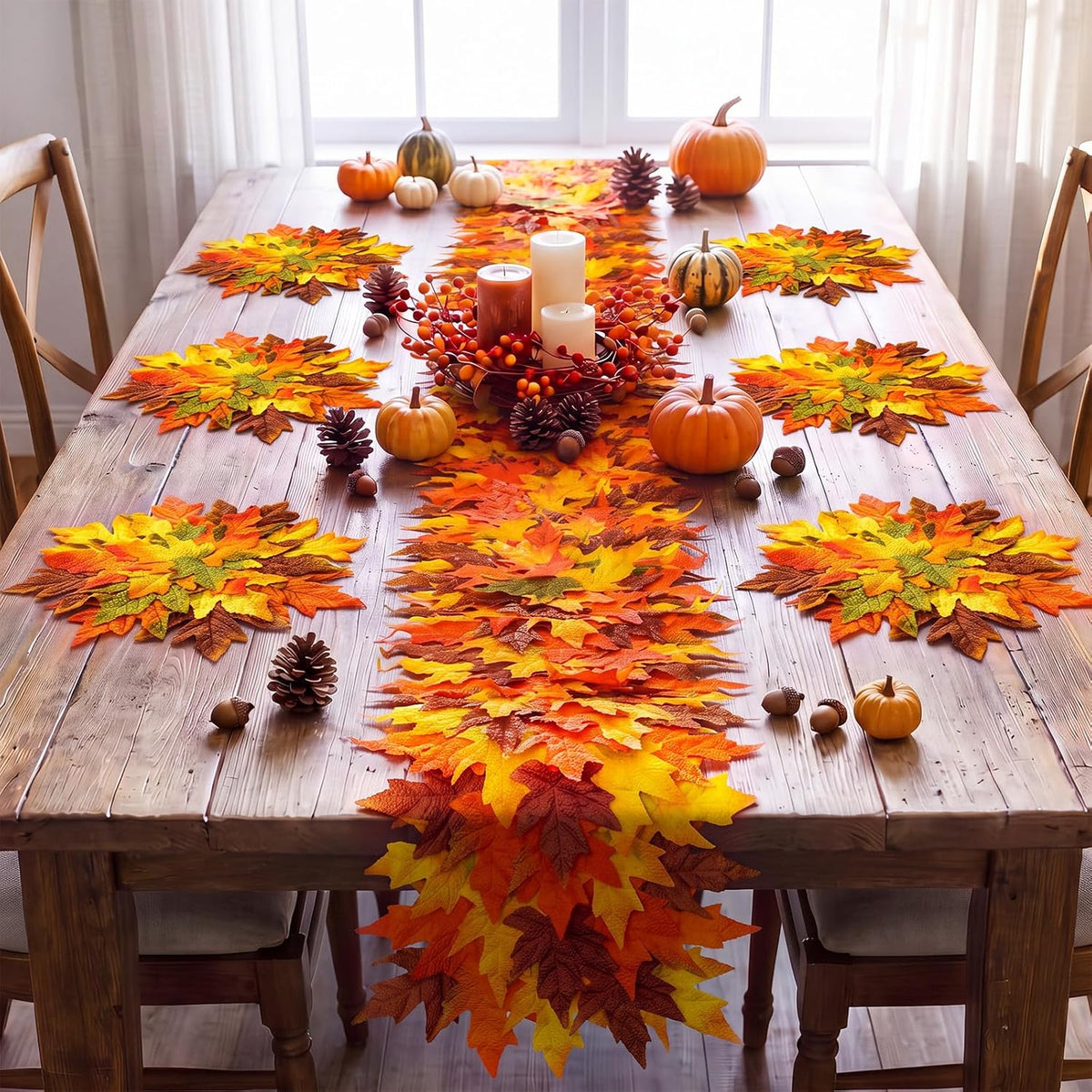 7 Pcs Fall Thanksgiving Maple Leaves Table Runner and Placemats Set 14 x 71'' 3D Multilayer Leaf Table Runner, 15'' Autumn Placemats Set of 6, Washable, for Home Fall Thanksgiving Table Decor