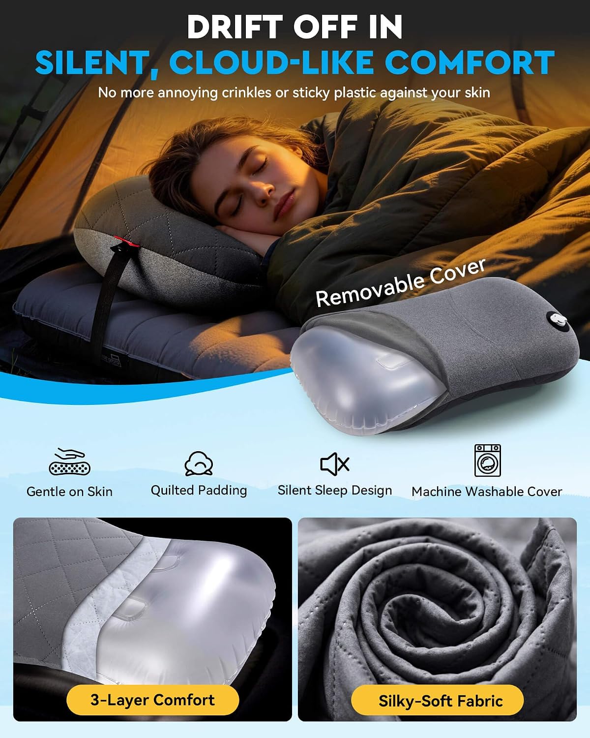 Hikenture Camping Pillow with Removable Cover, Ultralight Inflatable Pillow Ergonomic Neck Lumber Support, Upgrade Leakproof Backpacking Pillow, Portable Packable for Hiking, Beach, Travel