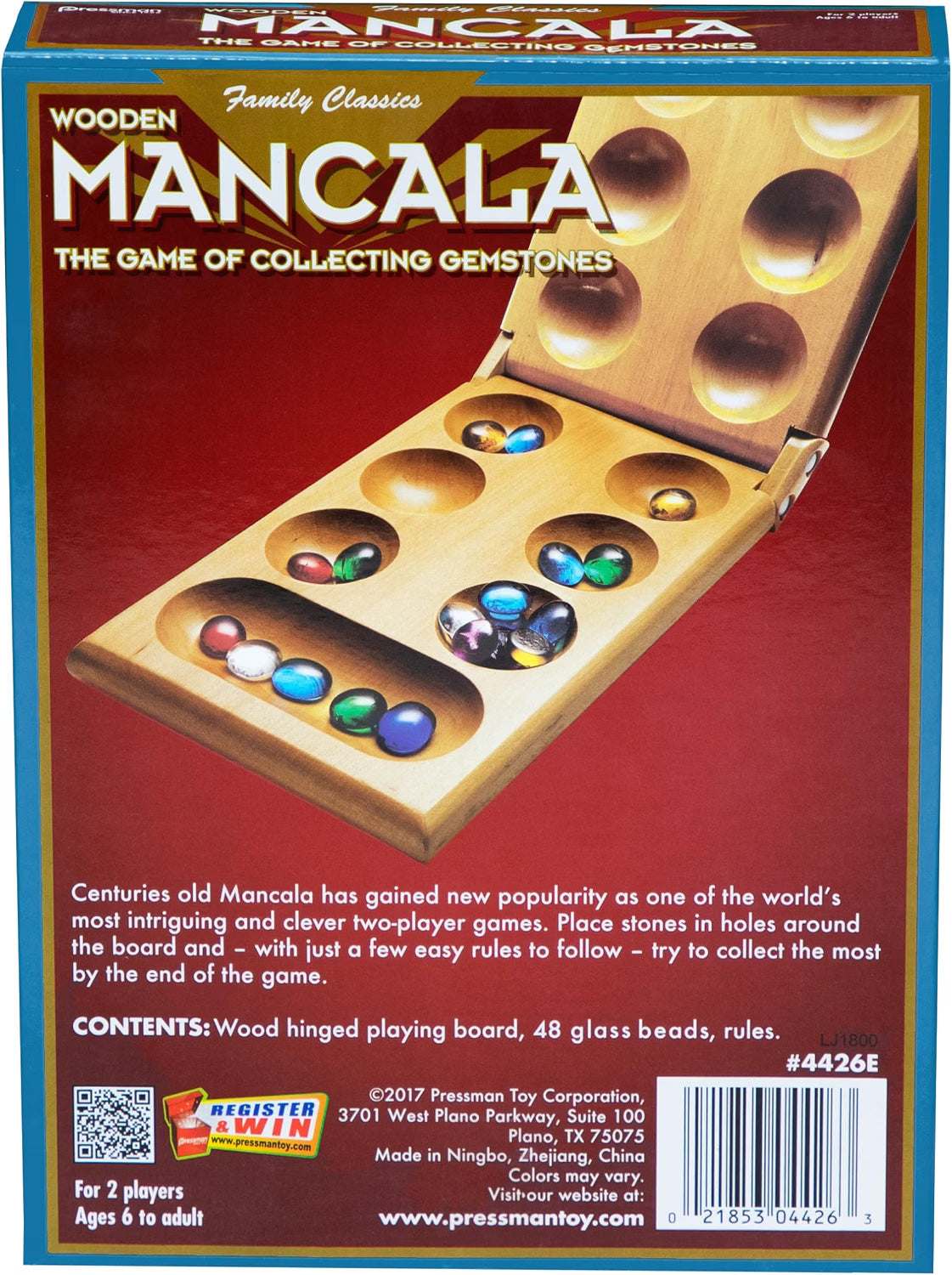 Pressman Mancala Board Game, Classic Strategy Game with 48 Glass Stones and Folding Wooden Board, 2-Player Game for Kids & Adults Ages 6+