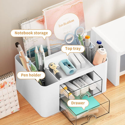 Marbrasse Pen Organizer with 2 Drawers, Multi-Functional Desk Pencil Holder with 5 Compartments and Drawers for Office, School and Art Supplies