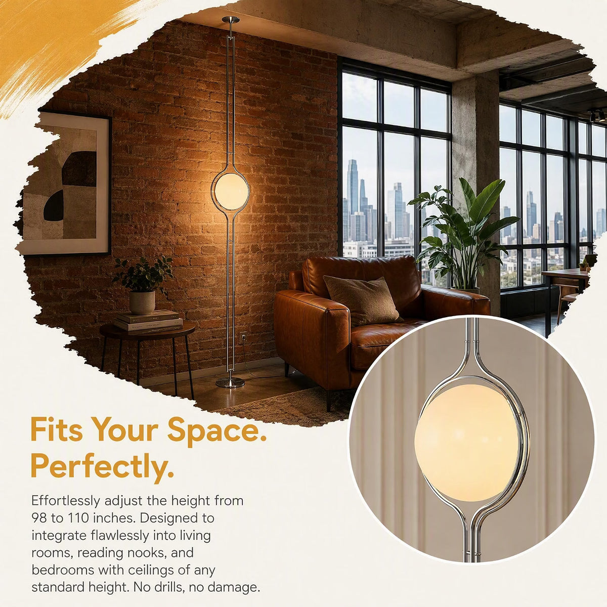 HyperionFlo Essentials Premium Stainless Steel Floor-to-Ceiling Lamp, Adjustable 98–110 Inch Standing Lamp, 3 Color Modes, Tool-Free Installation, White