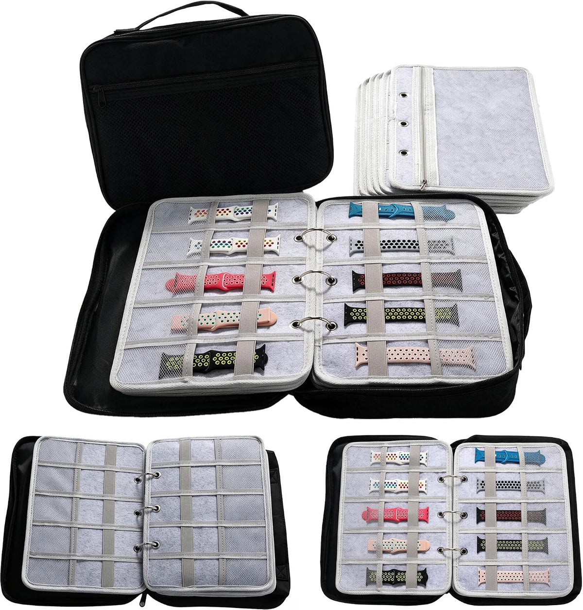 50-Slot Felt Watch Band Organizer Binder, Zippered Watch Strap Storage Case with 5 Double-Sided Pages, Mesh Accessory Pockets, Portable Travel Organizer, Gray