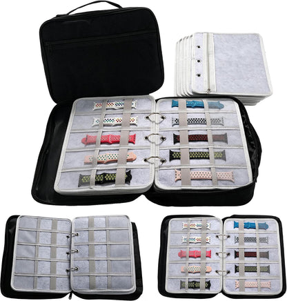 50-Slot Felt Watch Band Organizer Binder, Zippered Watch Strap Storage Case with 5 Double-Sided Pages, Mesh Accessory Pockets, Portable Travel Organizer, Gray