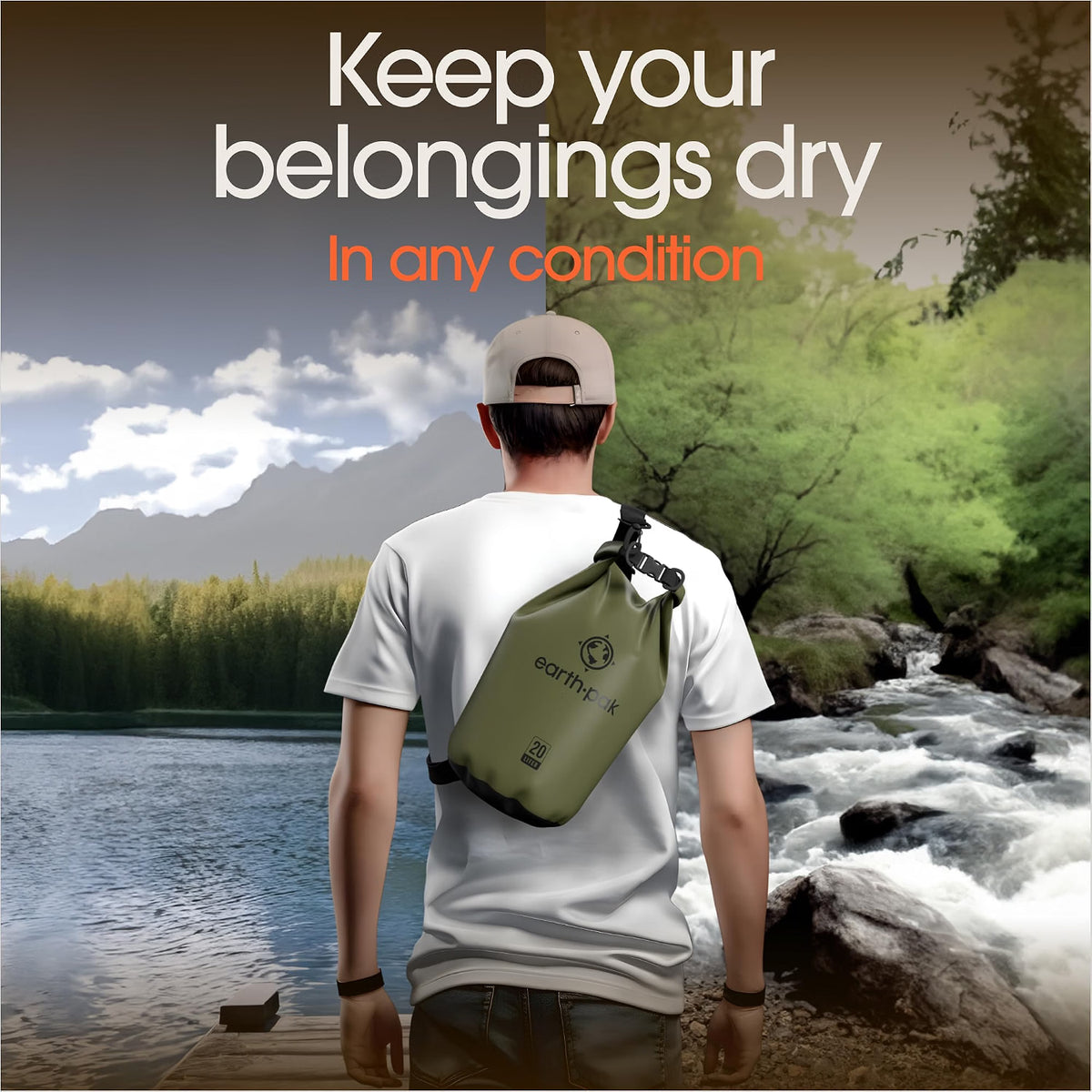 Earth Pak 20L Waterproof Dry Bag with Phone Case, Forest Green